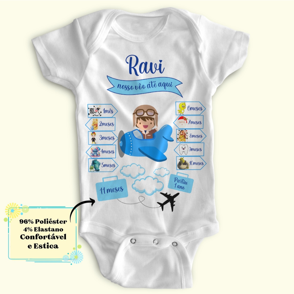 🛫👶 Body Bebê Mesversário Personalizado - Nosso Voo até aqui Azul - Poliéster + Elastano - Estica! ✈️ em Oferta na Shopee