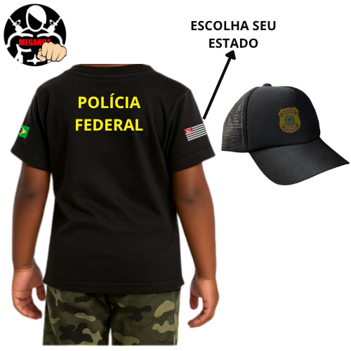 Kit Camiseta Personalizada da Polícia Federal Personalizado com Nome + Boné Infantil Profissão Kids