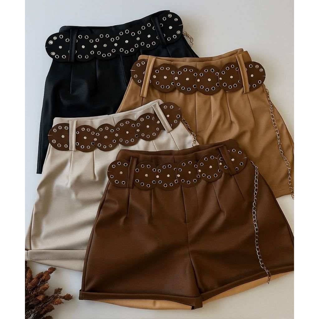 Short Feminino Couro Fake Boho Chic Cintura Alta Com Cinto Boho Courino em Oferta na Shopee