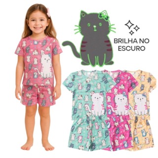 Pijama BRILHA NO ESCURO Infantil Menina Verão Gata - Hey Kids em Oferta na Shopee