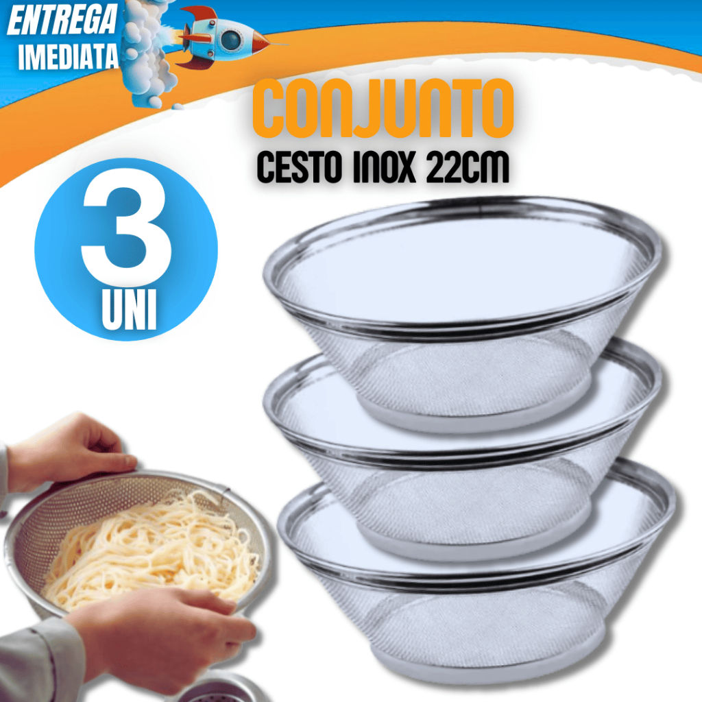 Jogo Kit 03 Cesto Cestos em Inox 22cm Qualidade Máxima Casa Cozinha Mesa Bar Variáveis Utilidades