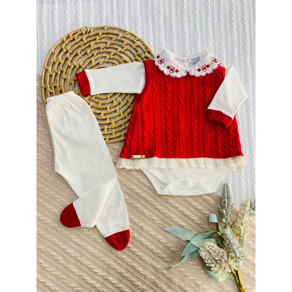 Conjunto de Pagão Feminino 3 Peças – Vestido Tricô Body e Mijão em Malha - RN (0-2 meses)