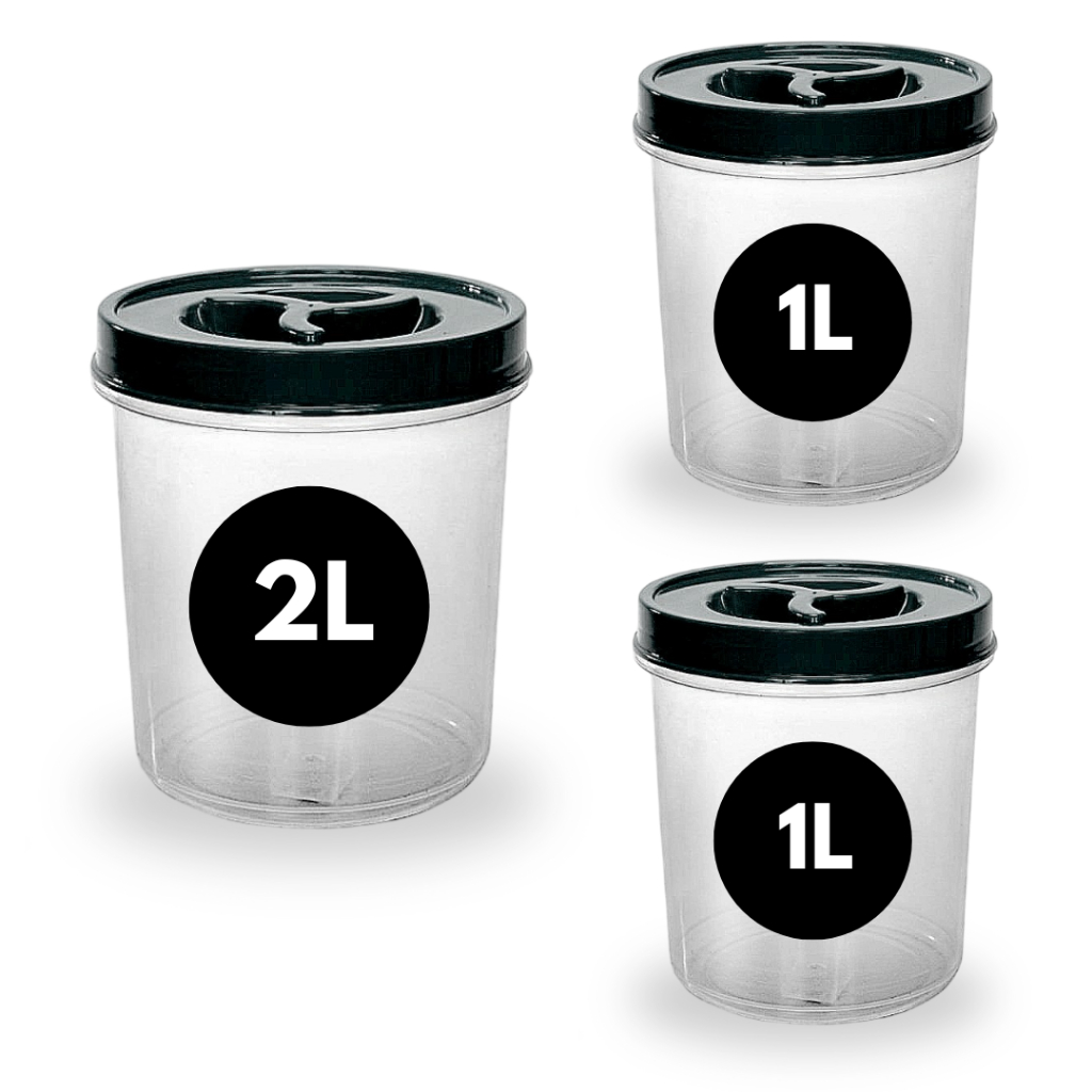 Kit 3 Pote Mantimento Tampa Rosca 1 de 2L + 2 de 1L Redondo Transparente Café Açúcar Cereal BPA FREE