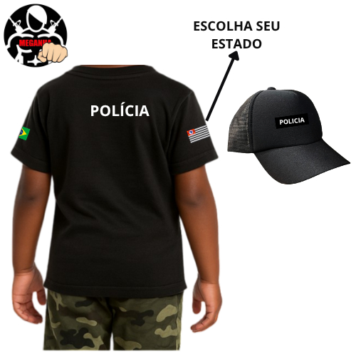Kit Camiseta Personalizada da Polícia Personalizado com Nome + Boné Infantil Profissão Kids