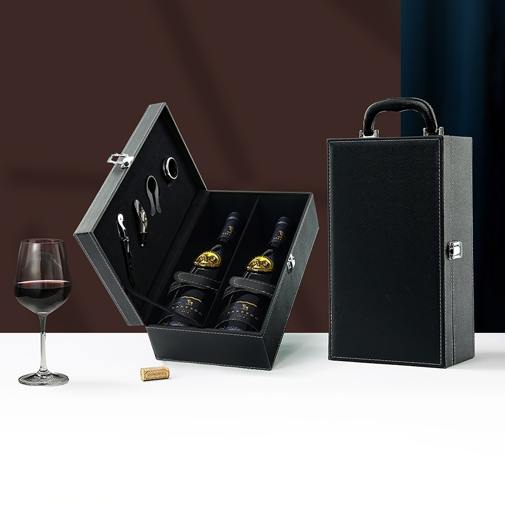 Kit Vinho 4 Peças com Maleta para 2 Garrafas – Couro Sintético e Interior em Veludo