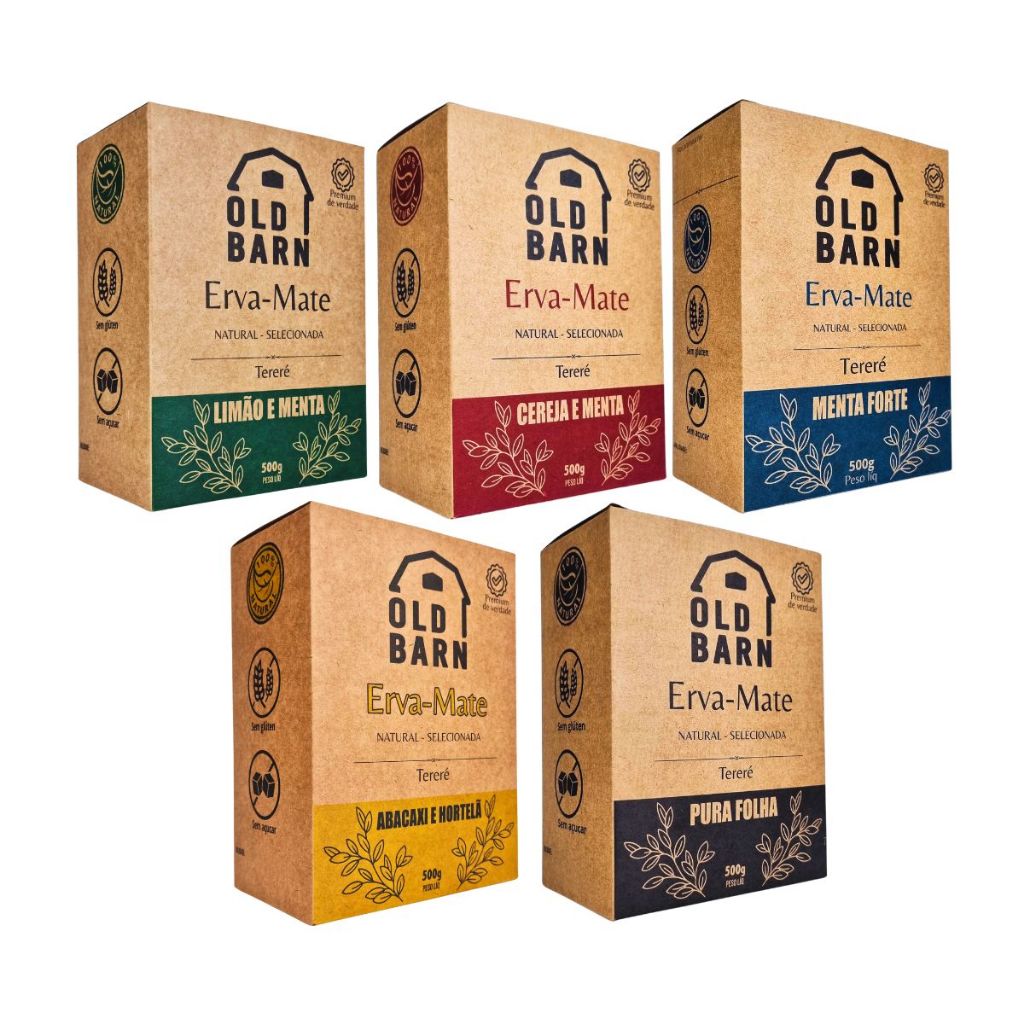 Kit 5 Ervas De Tereré Old Barn 500g Uma De Cada Sabor Premium Menta Forte Black Limão Cereja Abacaxi Pura Folha
