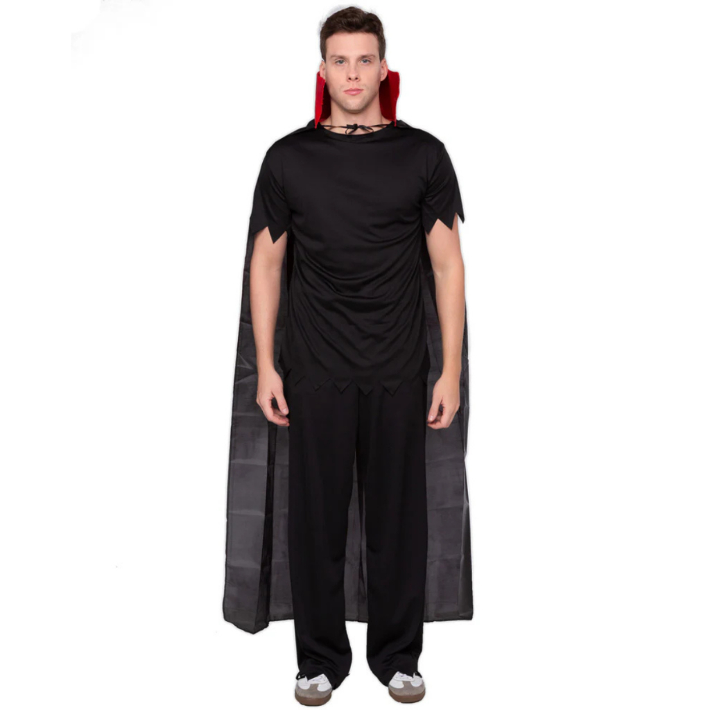 CAPA + DENTADURA + SANGUE ADULTO UNISSEX DRÁCULA VAMPIRO DIA DAS BRUXAS HALLOWEEN