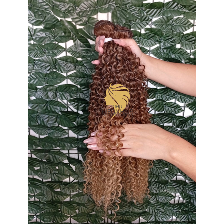 Cabelo para Mega Hair na Tela Humanizado Cacheado Ombre Hair 50cm Natural Fibra Russa Bella Hair