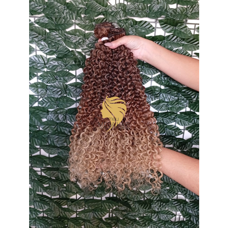 Aplique de Cabelo na Tela Mega Hair Natural Fibra Russa Cacheado Ombre Hair 70cm Premium