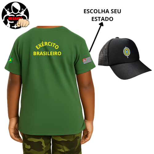 Kit Camiseta Personalizada do Exército Brasileiro Personalizado com Nome + Boné Infantil Profissão Kids