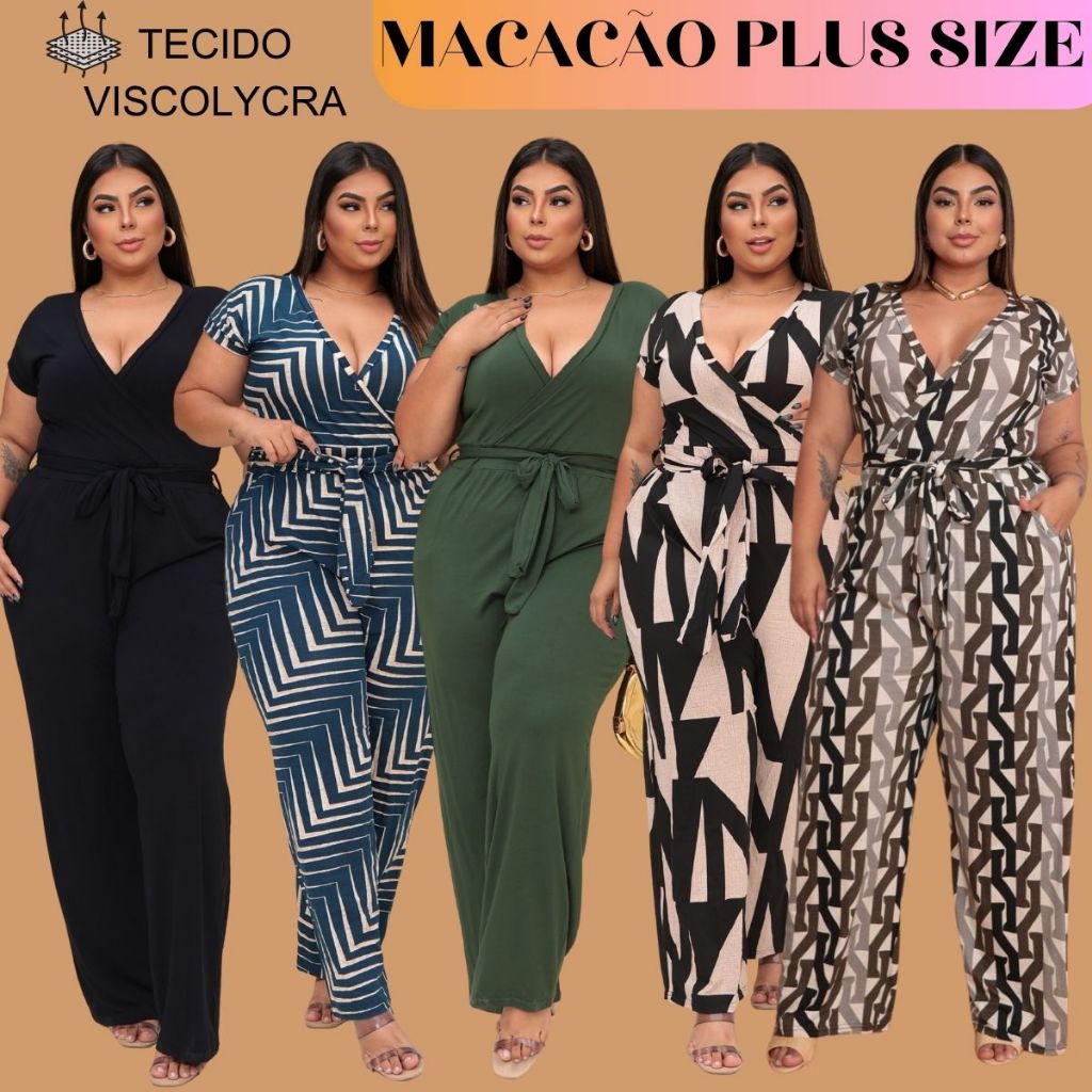 Macacão Feminino Plus Size Longo Macaquinho Liso Estampado Jardineira Macaquinhos Verão Pantalona Curvy Social em Oferta na Shopee