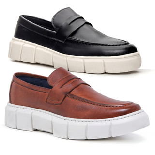 Kit 2 Mocassim Splip On Masculino Solado Alto Plataforma Flat Form Calce Fácil Tipo Iate