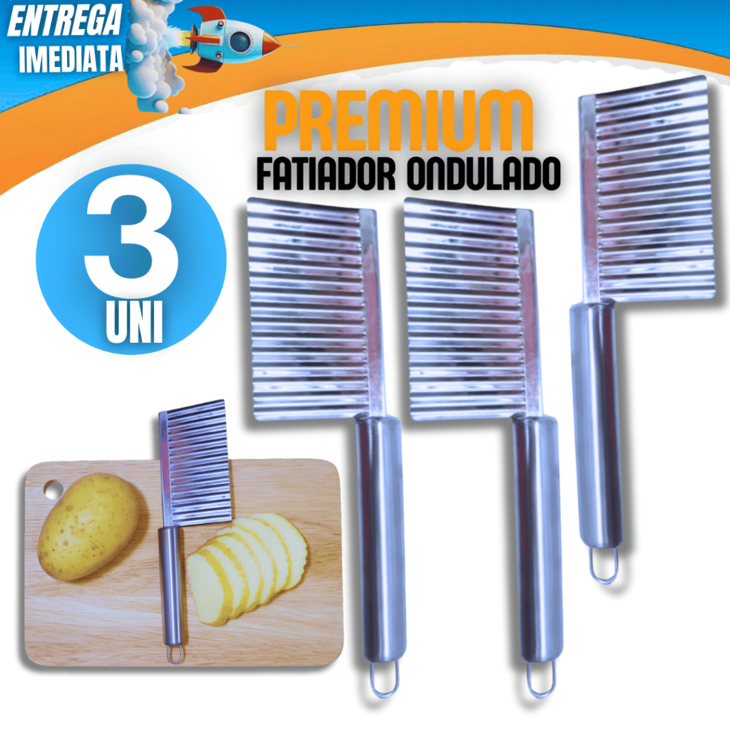 03 Peças Fatiador Cortador Ondulado  Linha Inox Premium Casa Cozinha Legumes Verduras Restaurante Variáveis Utilidades