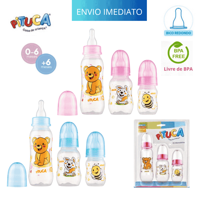 Kit 3 Mamadeiras Pituca bico 100% Silicone Redondo para bebê 240ml+150ml+80ml e Mam 240ml az e rs