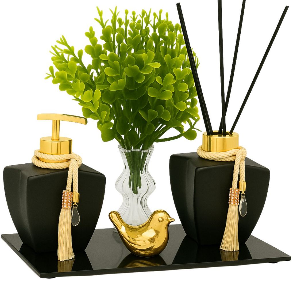 Kit Vidros P/ Lavabo Super Luxo Com Bandeja e Decoração