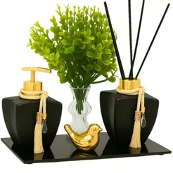 Kit Vidros P/ Lavabo Super Luxo Com Bandeja e Decoração