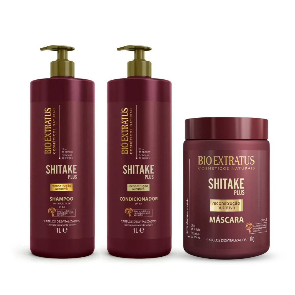 Kit Shampoo Condicionador e Máscara Shitake Bio Extratus 1L Reconstrução Nutritiva