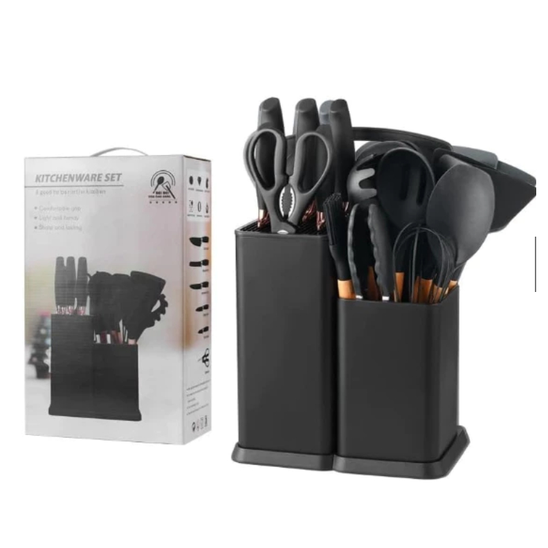 Kit Conjunto De 19 Peças Utensílios Cozinha Silicone Tabua Cor Preto