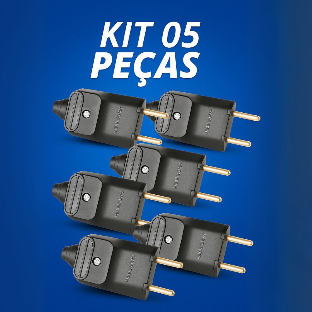 Kit 5 Plugues Desmontáveis 2P 20A 180° com Prensa Cabos Preto Margirius