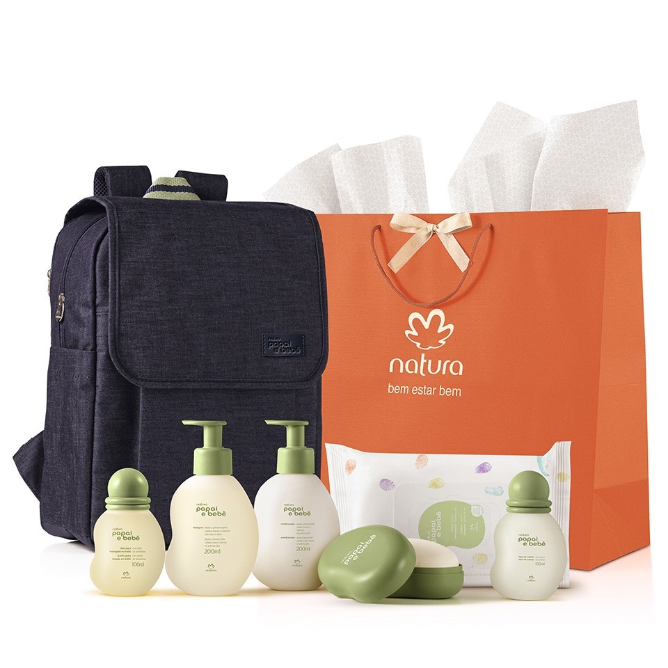 Combo Papai e Bebê (Perfume, Shampoo, Condicionador, Sabonete, óleo, Lenço, Mochila) Natura