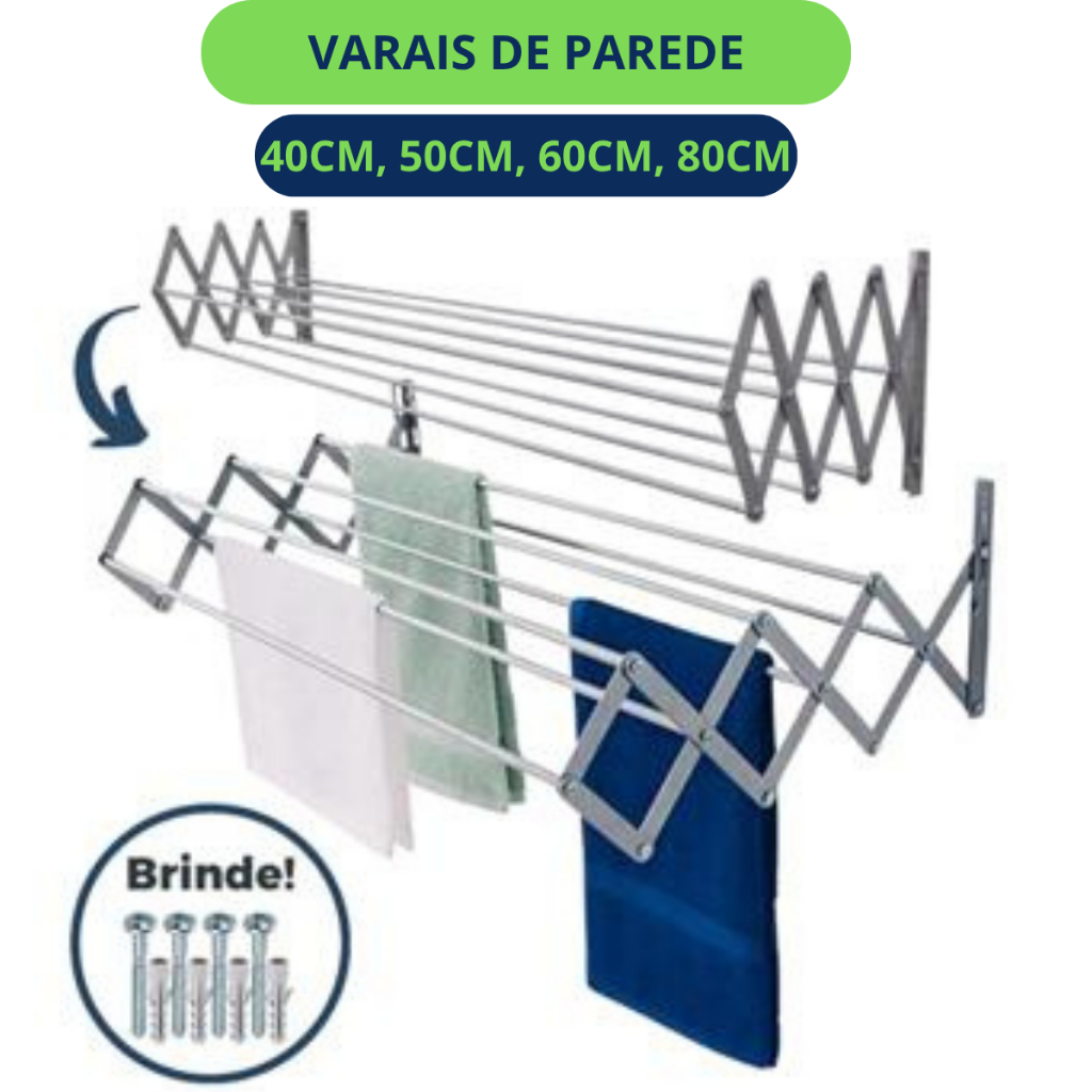 Varal De Parede Sanfonadob Retrátil Dobravel Varios Tamanhos 40cm 50cm 60cm 80cm
