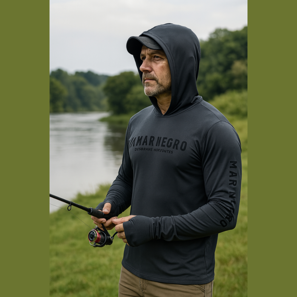 Camisa Pesca Mar Negro X-protect P M G GG G1 G2 G3 Poliamida Capuz Luva Proteção Solar 50+