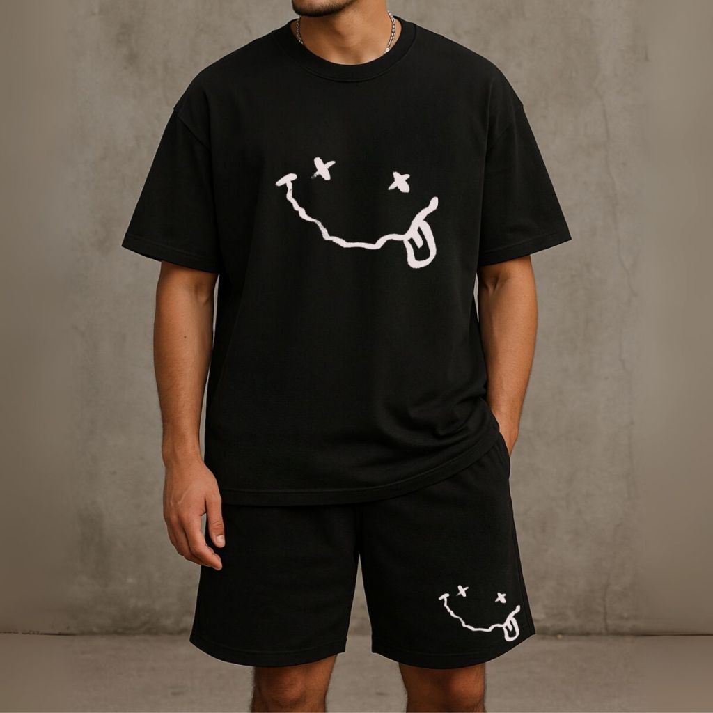 Conjunto Masculino Peças Oversized Estilo Streetwear Confortável Smilling Urbano Lançamento Do Verão