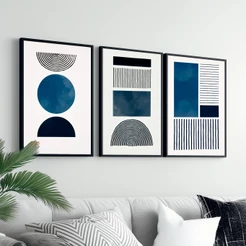 Kit 3 Quadros Decorativos Com Moldura Abstrato Geométrico Grande Moderno Sala