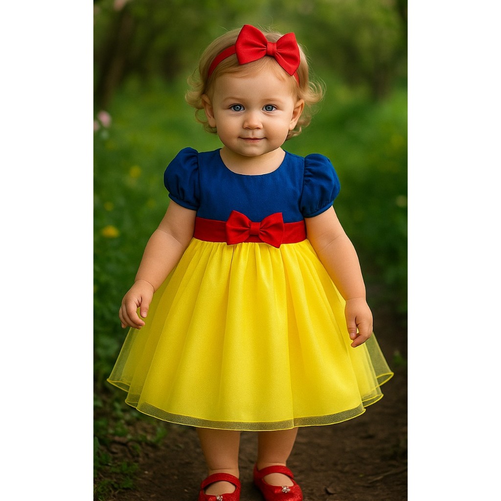 Vestido Branca de Neve Bebê Princesa Festa Mesversário 1 Ano Tule Confortável Infantil