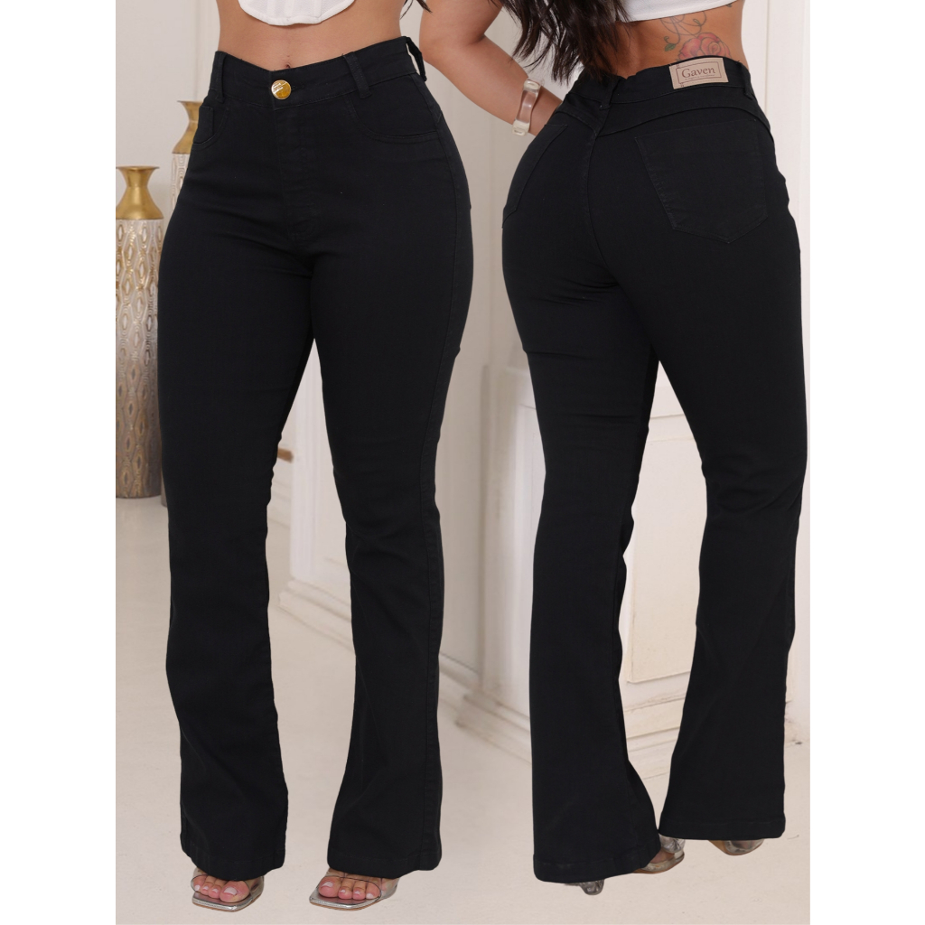 Calça Flare Feminina Jeans Cintura Alta Marcada Boca de Sino Elegante Fashion Confortável Estilosa em Oferta na Shopee