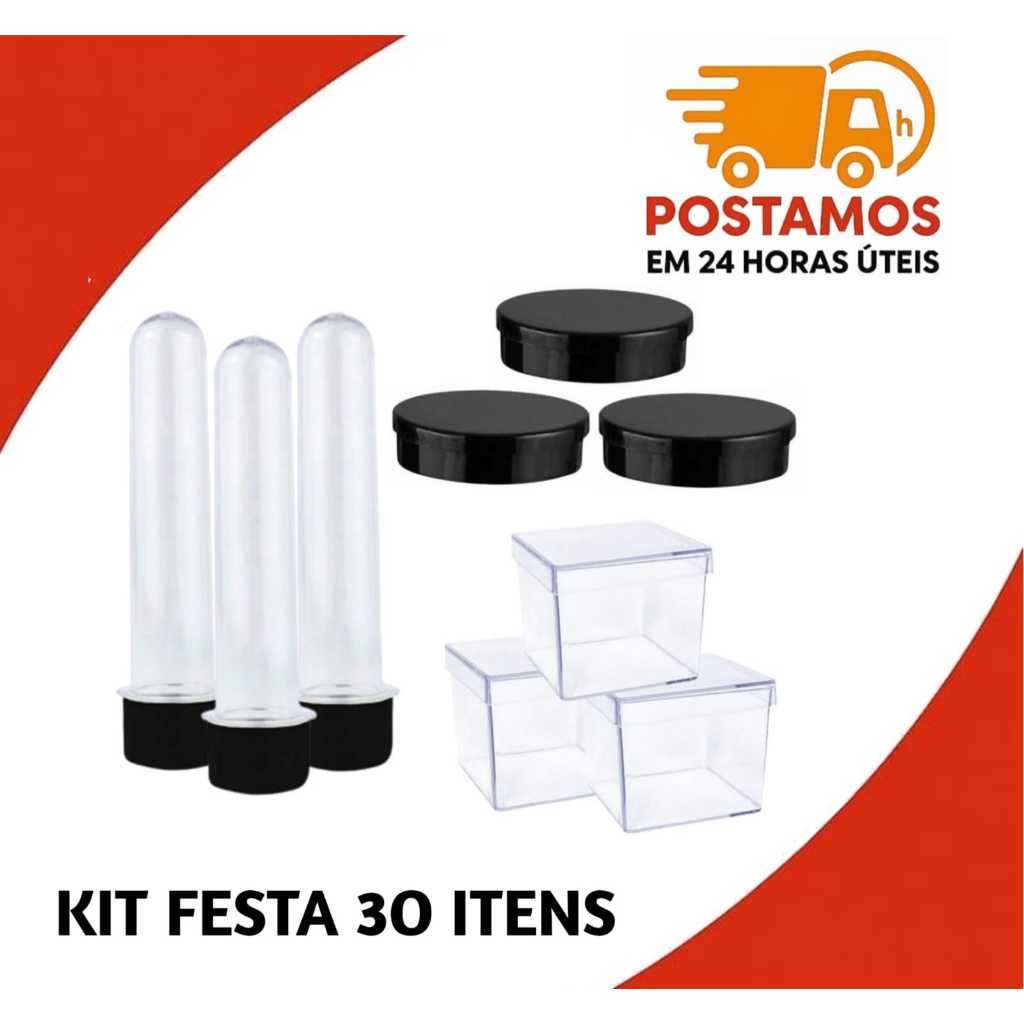 kit festa 30 itens - 10 Caixinhas 5x5 cm / 10 Latinhas 5x1 / 10 Tubetes 08 cm c/ tampa - Lembrancinhas
