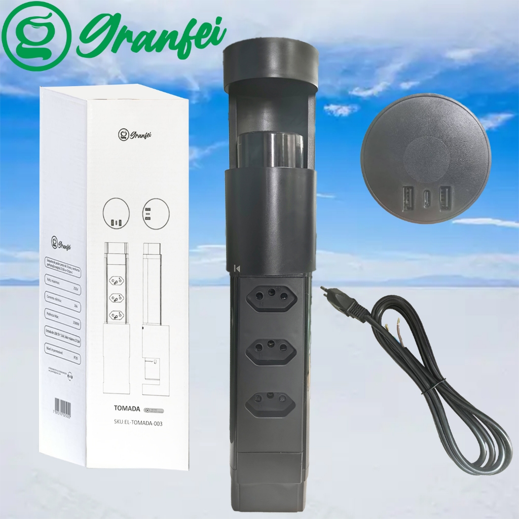 Tomada lateral deslizante discreta para móveis planejados bivolt com carregamento USB rápido