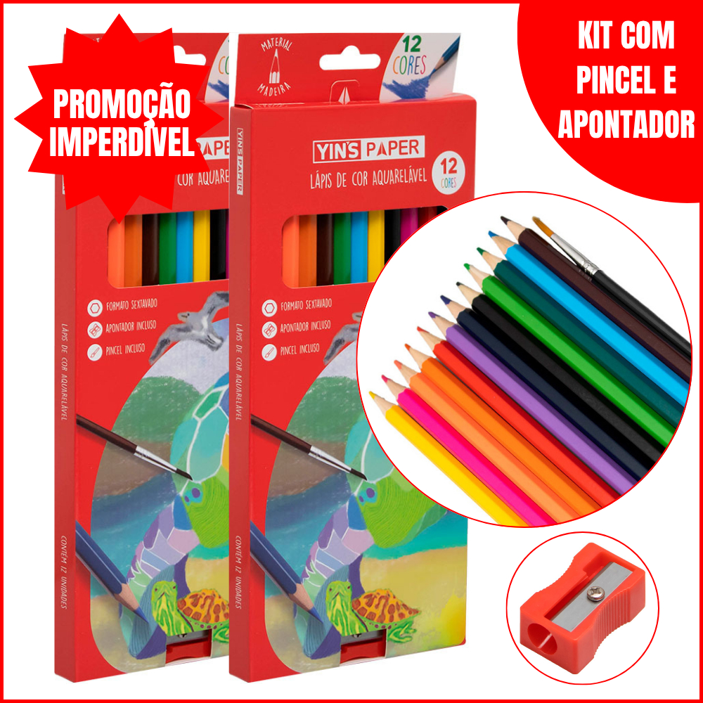 Kit 2 Lápis de Cor Aquarelável Sextavado 12 Cores Com Apontador e Pincel Yin's Paper