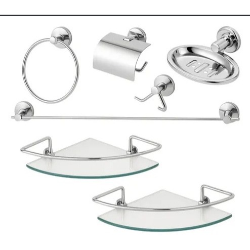 Kit Acessórios Para Banheiro Aço Inox 5 Peças + 2 Porta Shampoo Vidro Canto