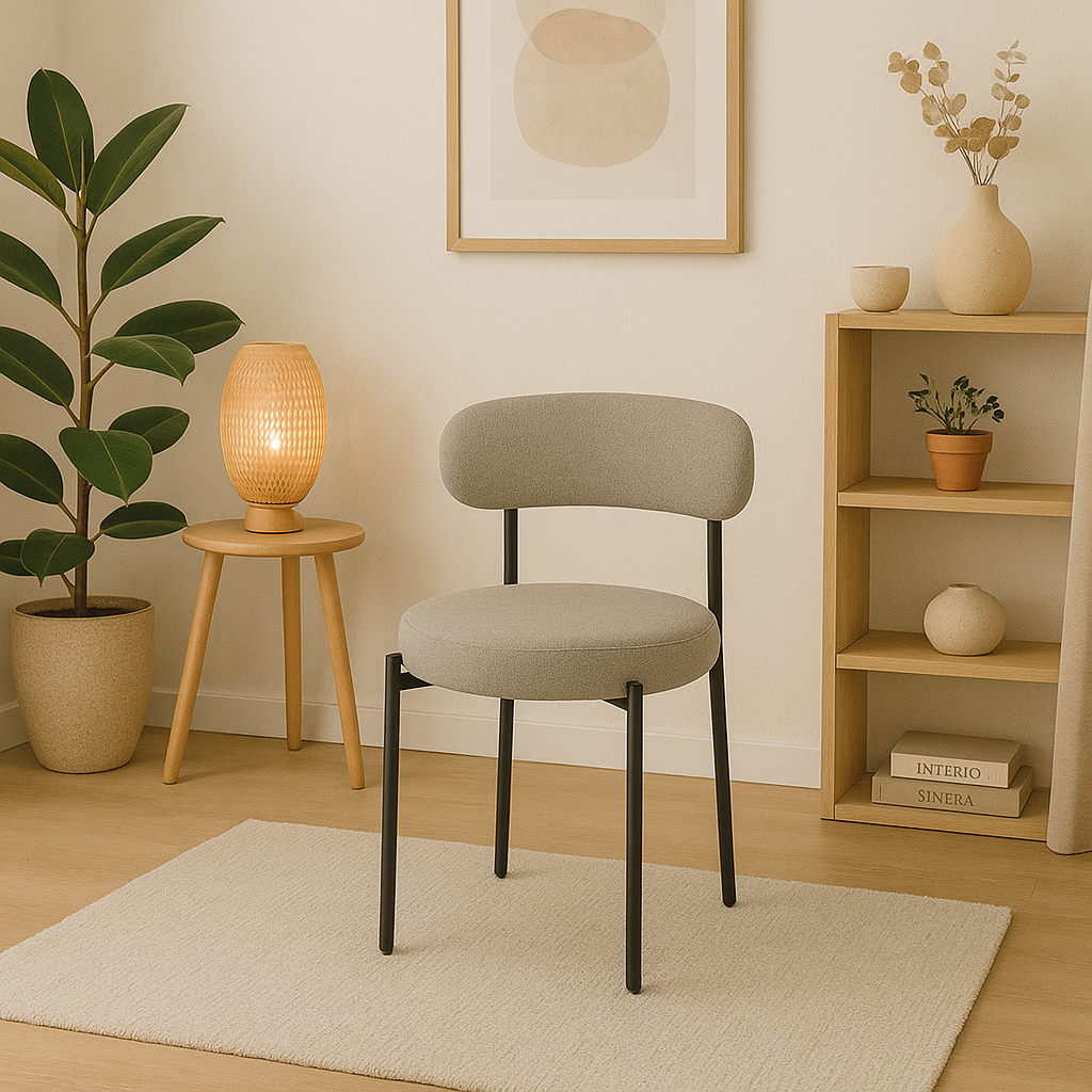 Cadeira de Jantar Linho Cinza Camelia com Encosto Curvo Base Preta Moderna para Sala e Cozinha em Oferta na Shopee