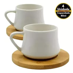Xícaras Café 4 Peças 80ml em Porcelana e Bambu Elegante