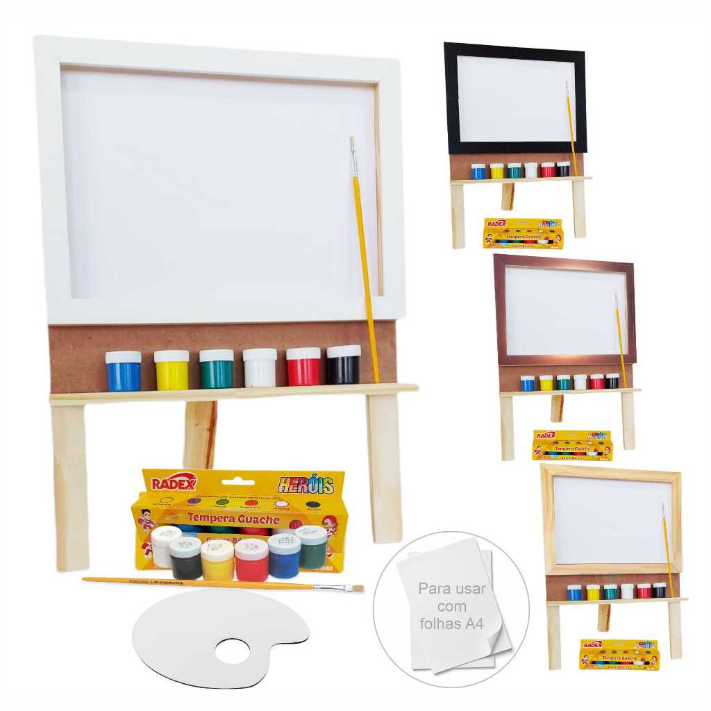 Kit para pintura Cavalete Flip Chart em Folhas de Papel com Tintas e Pincel e Paleta para Tintas