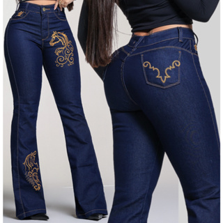 Calça Jeans Feminina Bordada Flare Cintura Alta Boiadeira Rodeio Tecido Premium Reforçado Flaer em Oferta na Shopee