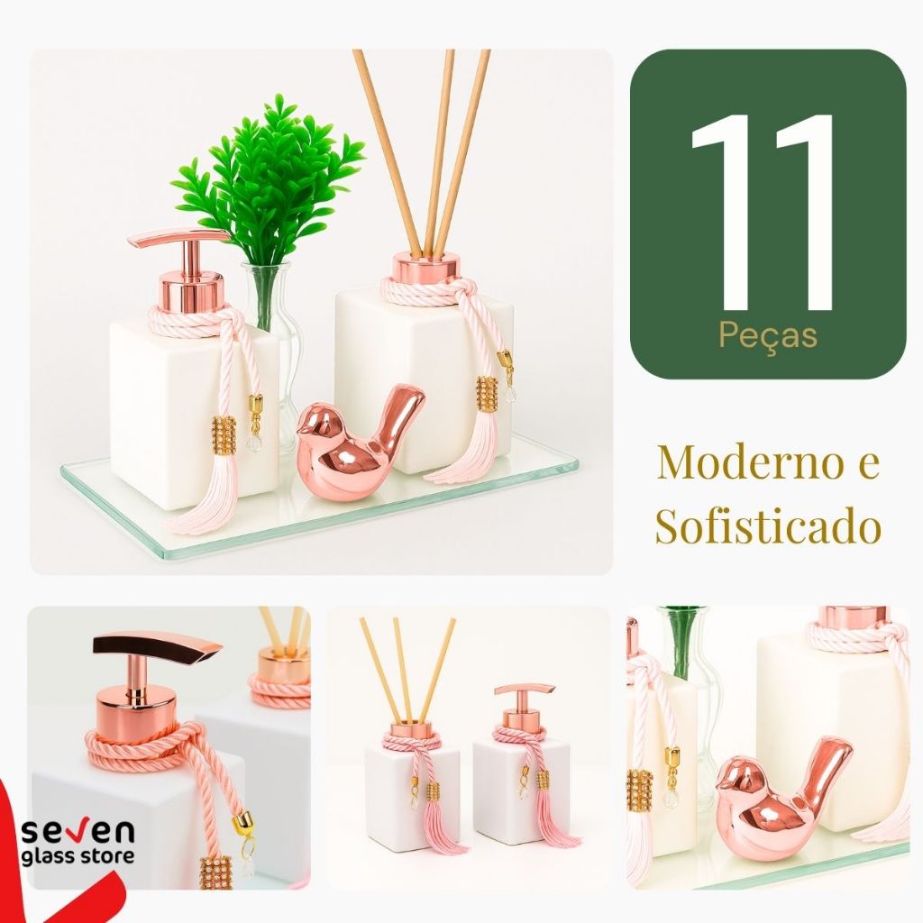 Kit Lavabo Vidro Cubo Branco 250ml Saboneteira e Difusor + Bandeja Espelhada C/ Enfeite e Vaso · foto 2