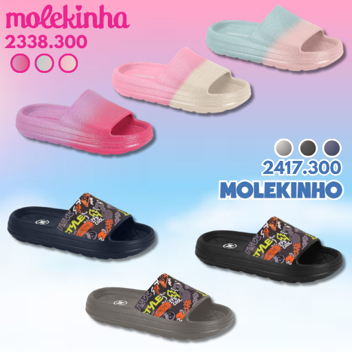 Chinelo Infantil Meninoe Menina Molekinho e Molekinha Slide EVA Modelo Nuvem Multicolor Confortável