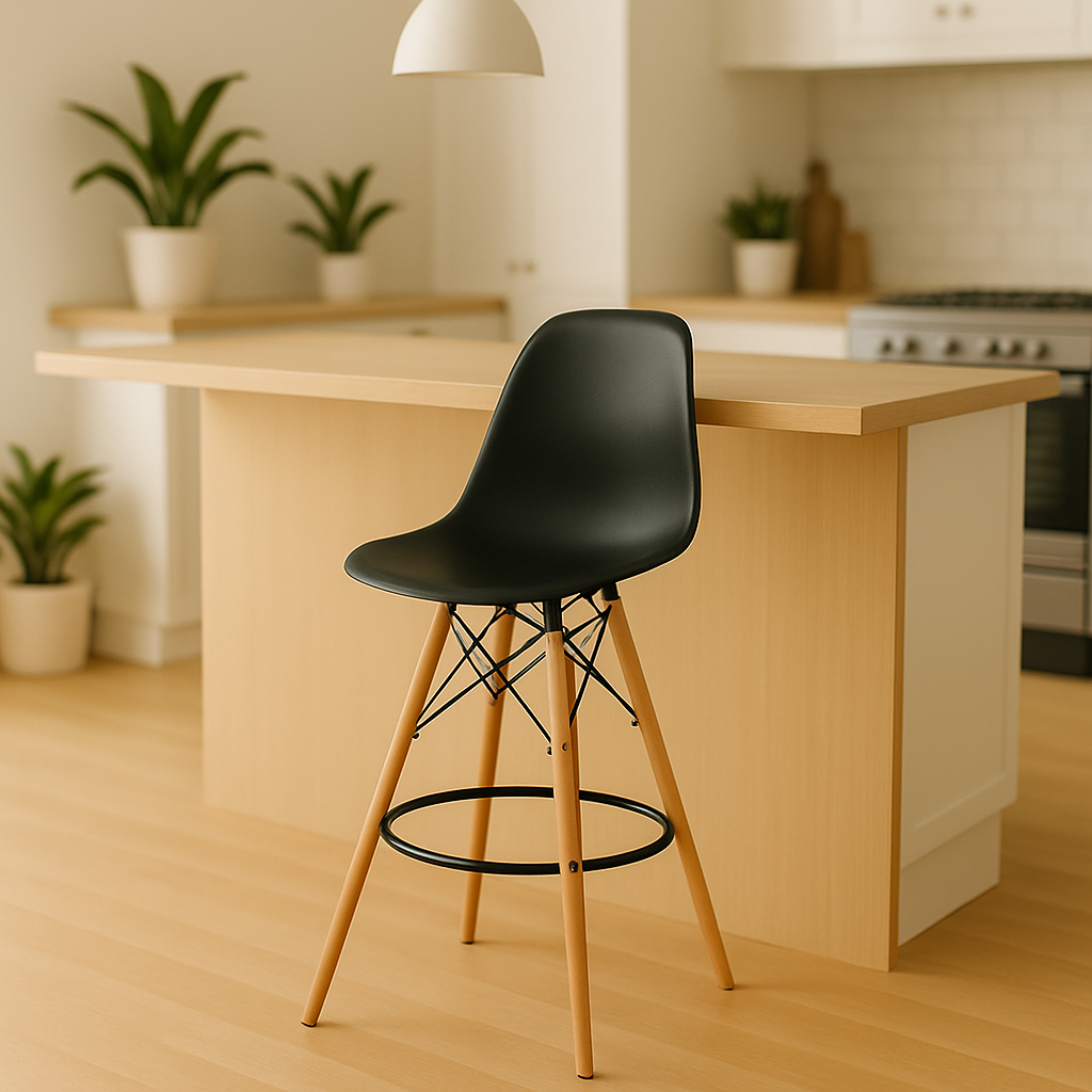 Banqueta Alta Para Cozinha Americana Bancada Ilha Charles Eames Eiffel Preta Base Madeira Wood em Oferta na Shopee