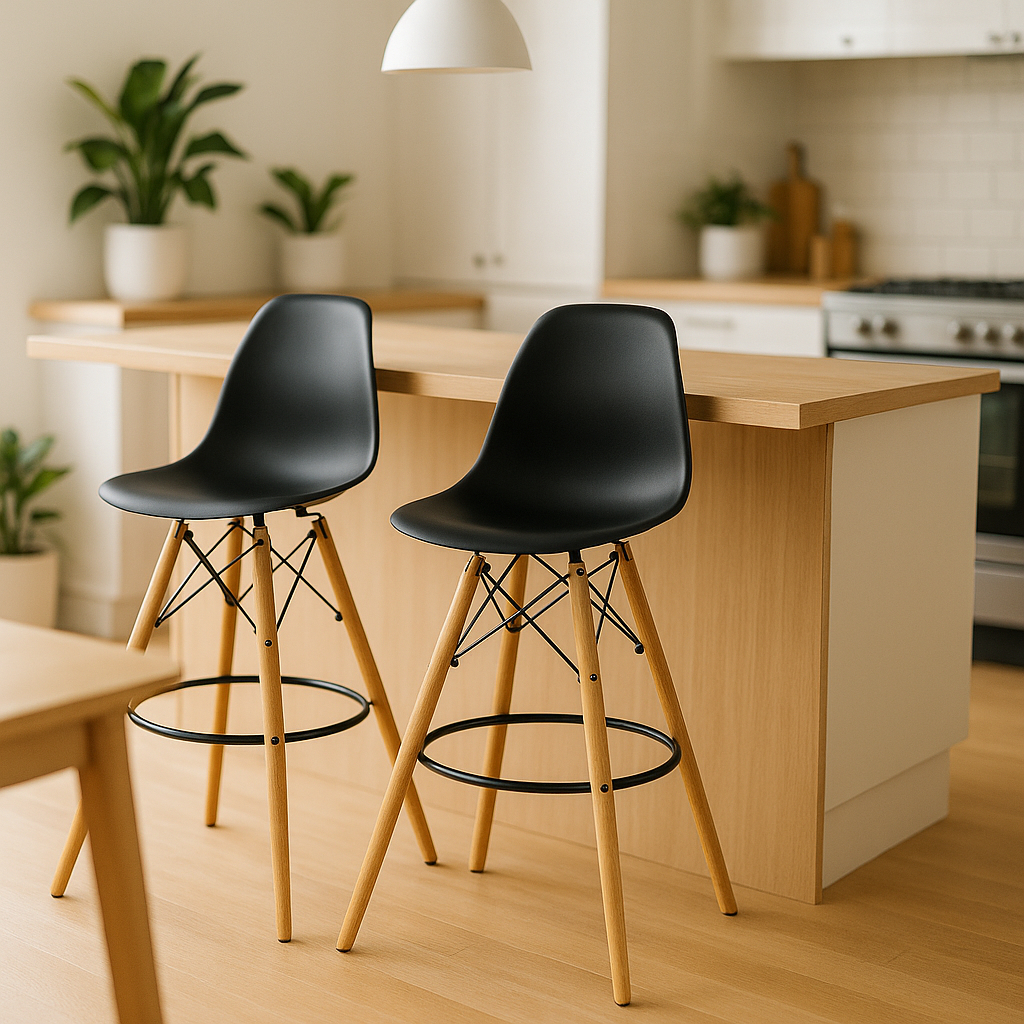 Kit 2 Banquetas Altas para Cozinha e Ilha, Charles Eames Eiffel Preta com Base de Madeira Wood em Oferta na Shopee