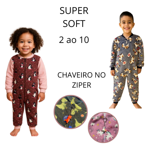 Macacão Pijama Super Soft Quentinho Infantil ziper frontal