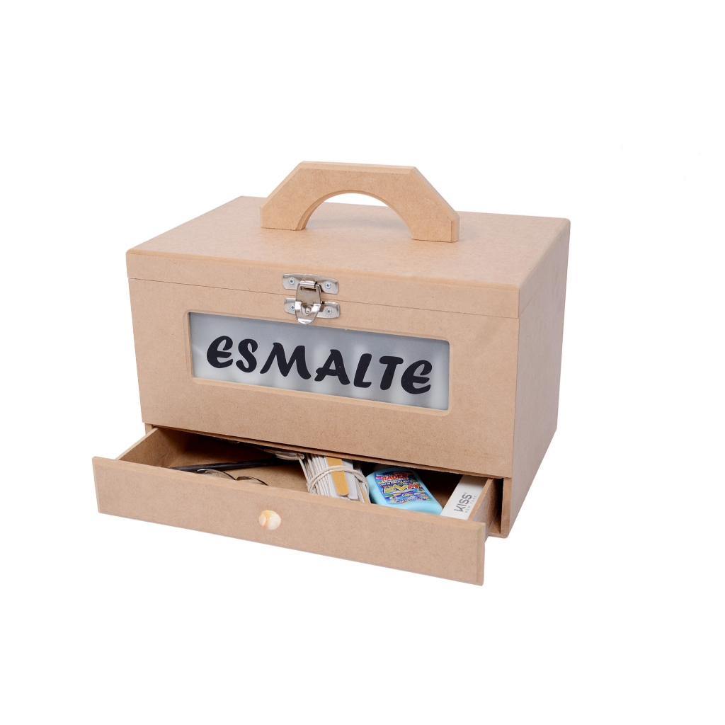 Maleta caixa madeira porta esmalte gaveta 36 casulos frente vidro