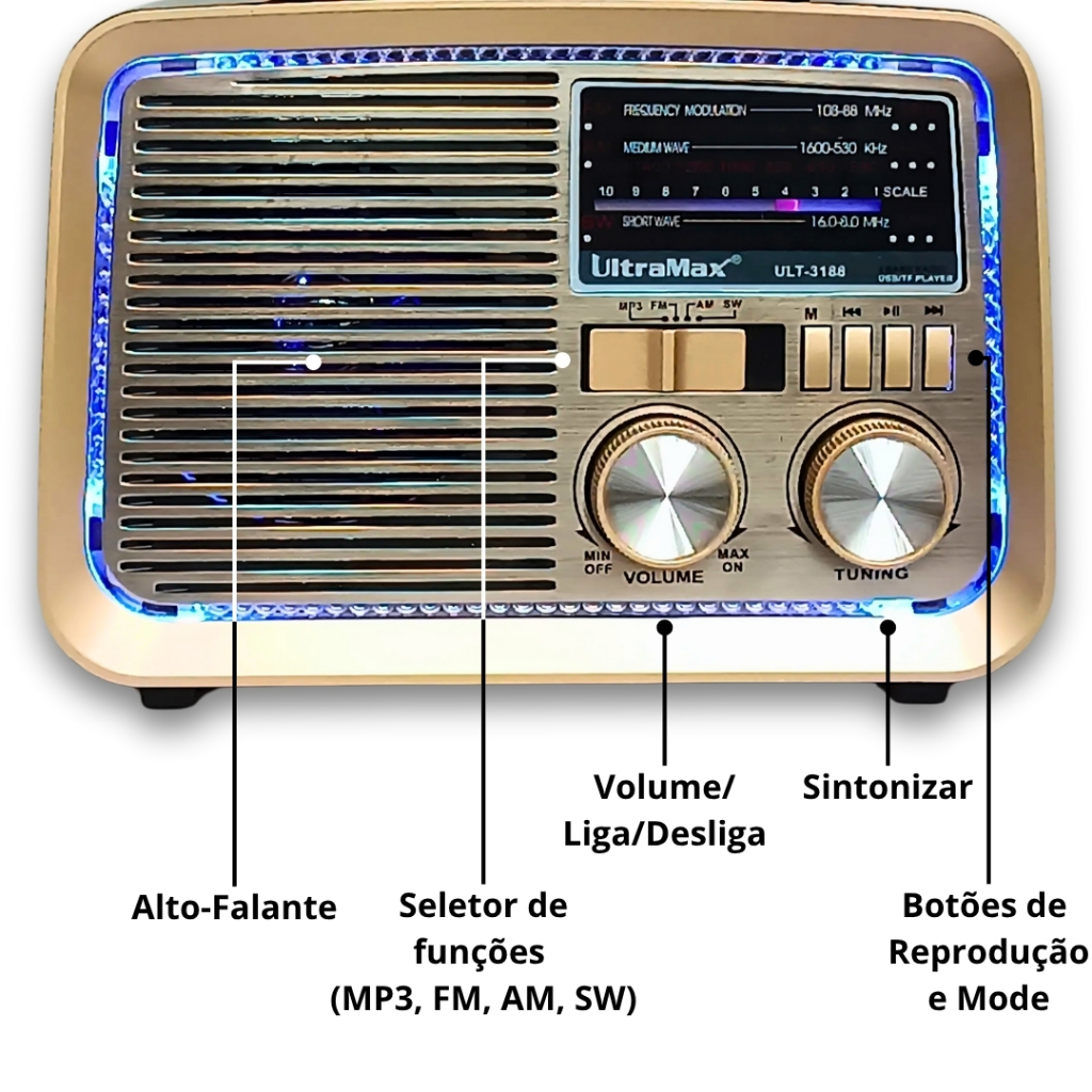 Radio Retro  bluetooth ,entrada usb,microsd lanterna e sainda auxiliar ULT-3188