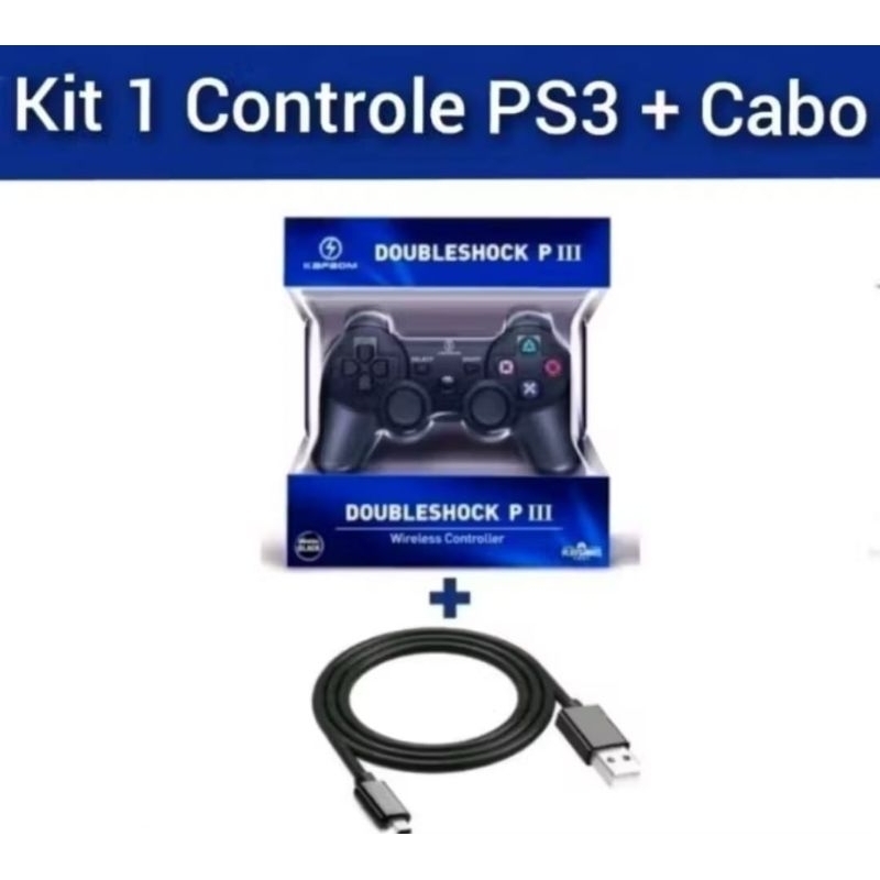 Kit Controles PS 3 Joy Sem Fio + Cabos V3 Carregador Compatível PC e Celular