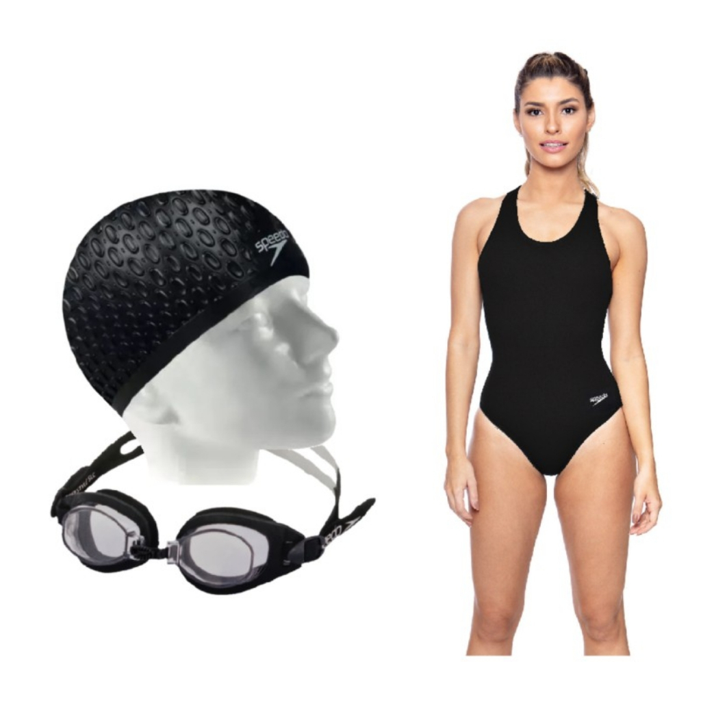 Kit Natação Speedo Maiô Cross Costas Cruzadas + Óculos Freestyle + Touca Silicone Extra Confortável