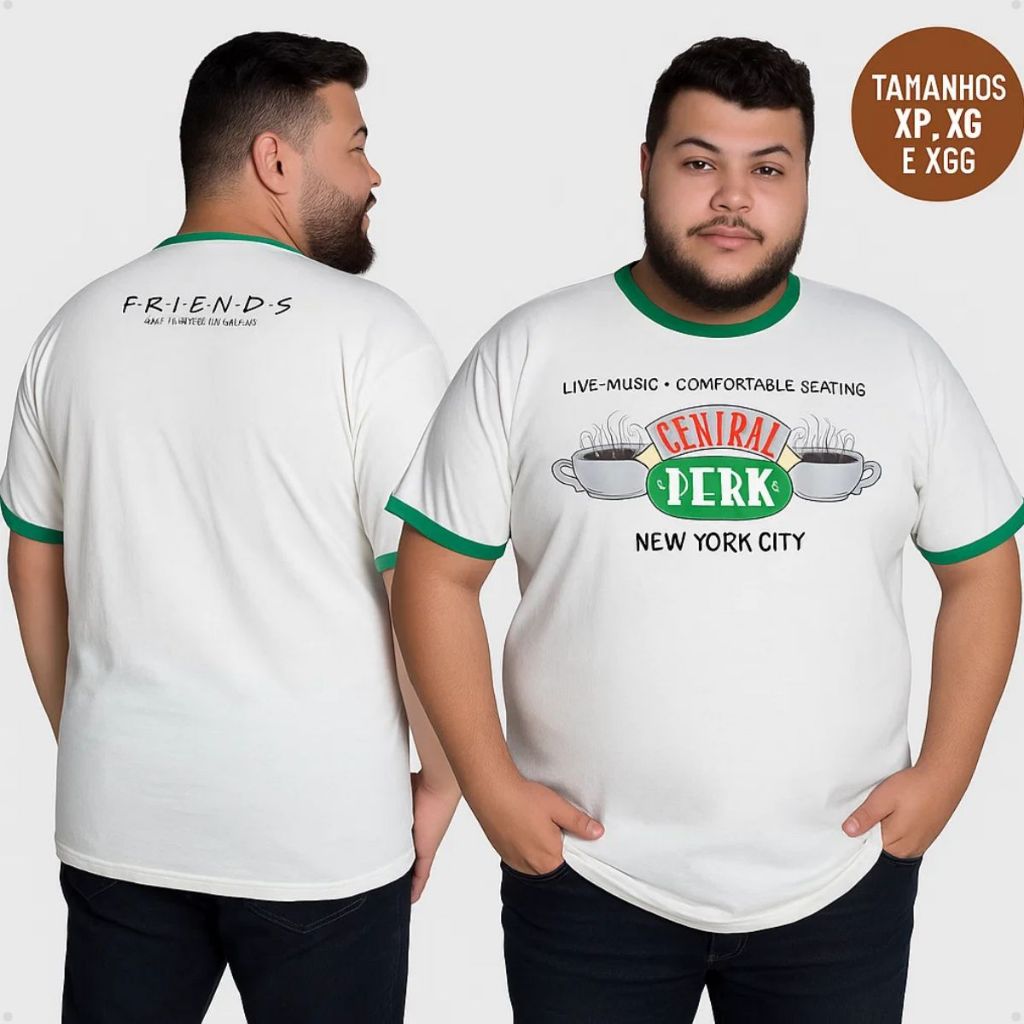 Camiseta Plus Size Central Perk Friends Unissex Branca Gola Verde Tamanhos XP XG XGG 100 Algodão
