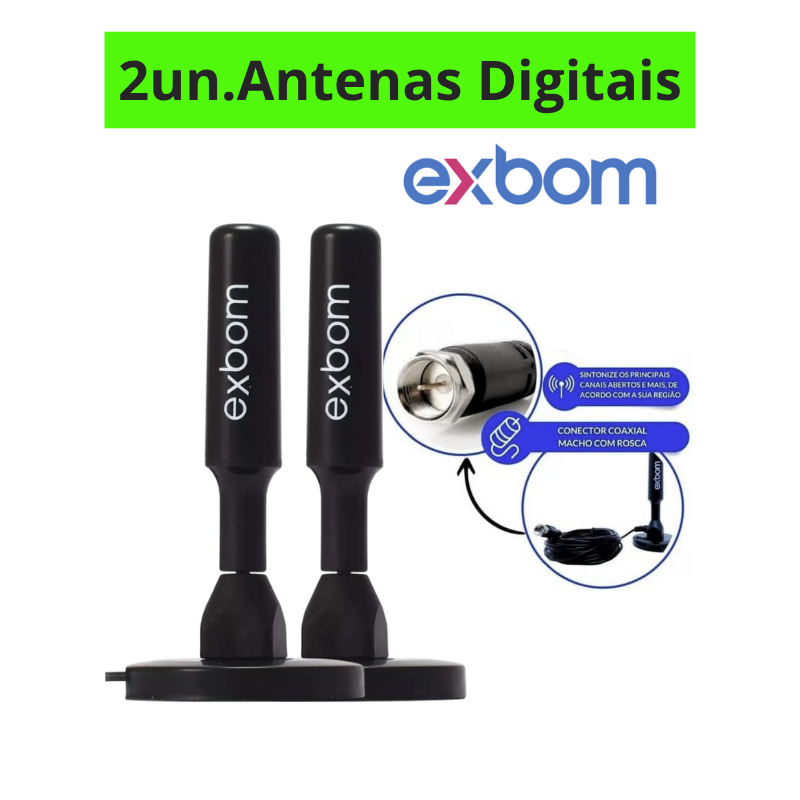 Antena Digital Tv Interna/Externa Amplicficador HDTV 4K Amplificada 5m Base Imã 4.dBi UHF/VHF Exbom