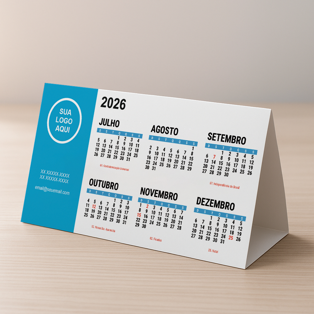 Calendário de Mesa 2026 Triangular Personalizado – Frente e Verso com Feriados – Acabamento Fosco – Kit com 100 Unidades
